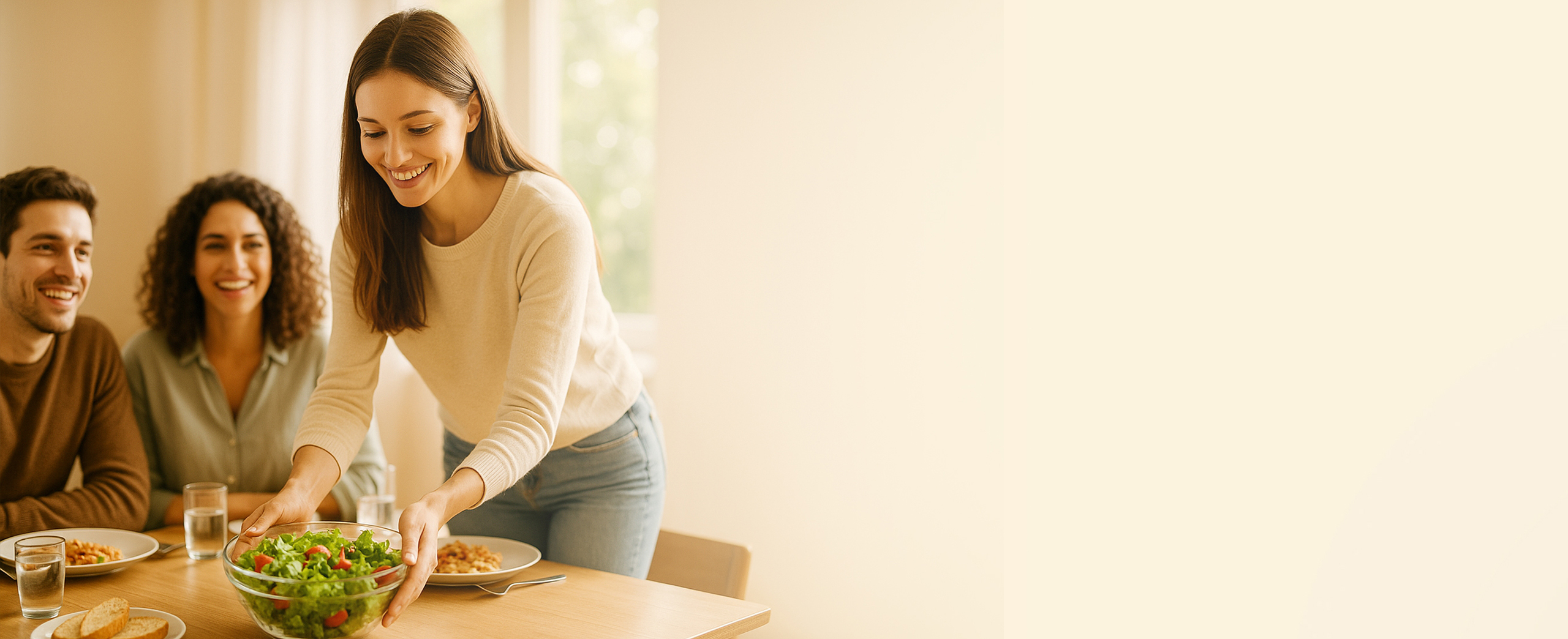 Mujer poniendo la mesa a amigos